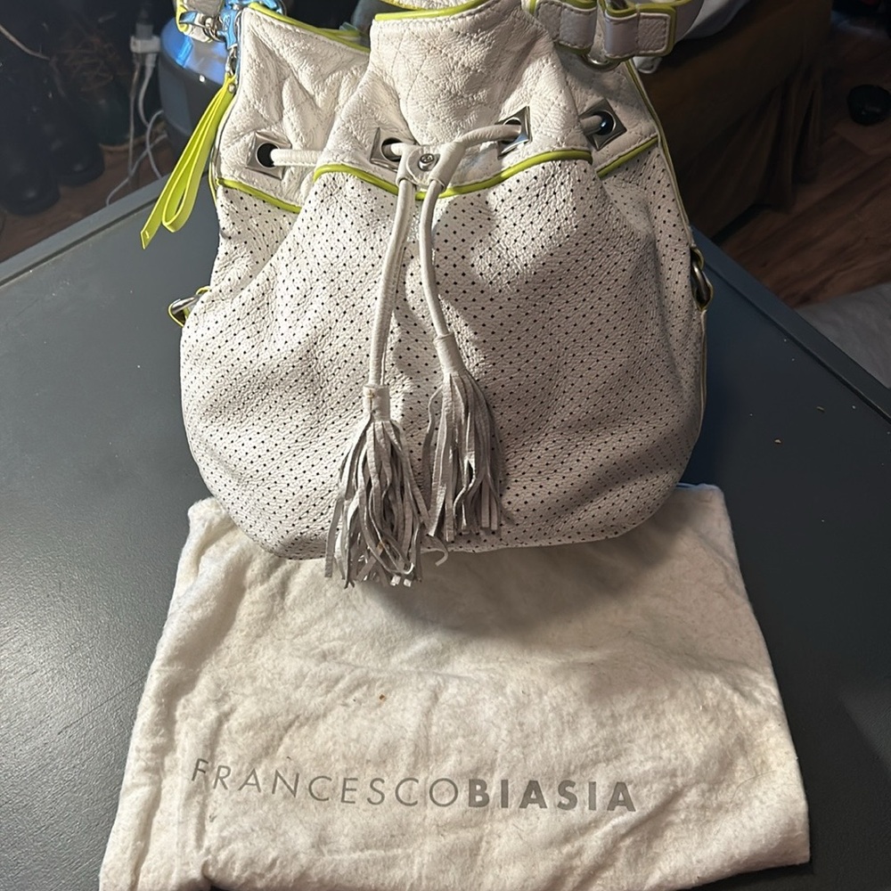 White and Green Perforated Franseco Biasia Leather Drawstring Tote